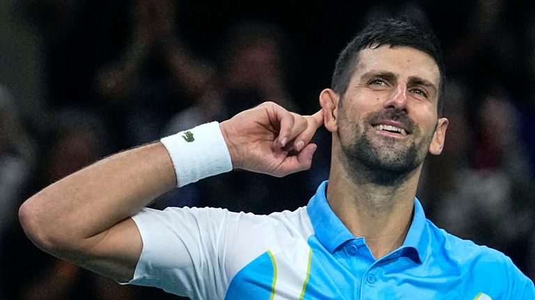 Serbia's Novak Djokovic celebrates after defeating Russia's Andrej Rublev during the semi-finals of the Paris Masters