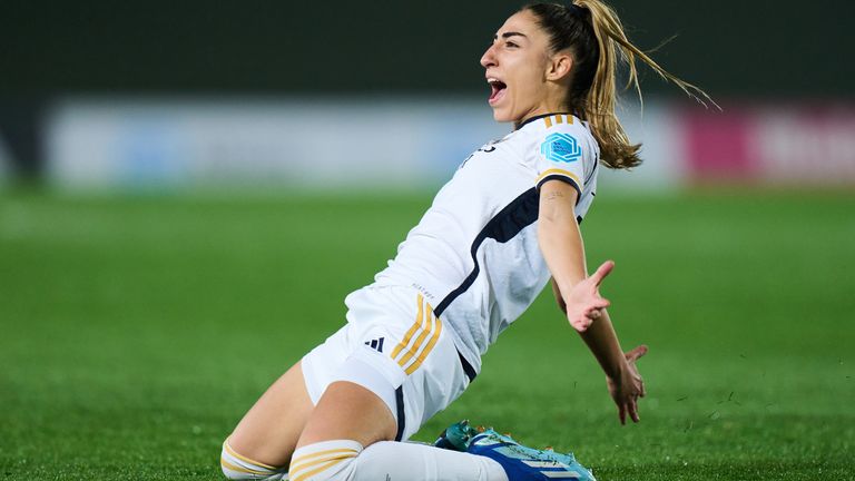 Olga Carmona celebrates her first-half opening goal for Real Madrid against Chelsea
