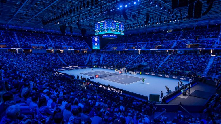 PALA ALPITOUR, TURIN, ITALY - 2022/11/19: A general view inside Pala Alpitour is seen during semi-final match between Novak Djokovic of Serbia and Taylor Fritz of USA during day seven of the Nitto ATP Finals. Novak Djokovic won the match 7-6(5), 7-6(6). (Photo by Nicol.. Campo/LightRocket via Getty Images)