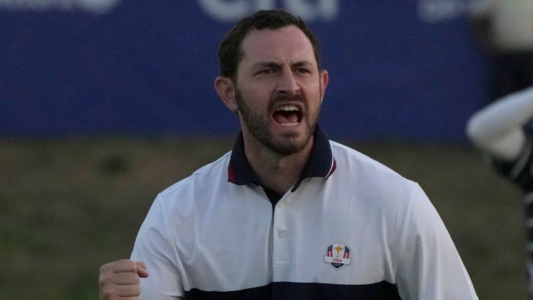 United States' Patrick Cantlay celebrates after on the 18th green as he wins the afternoon Fourballs match by 1 at the Ryder Cup golf tournament at the Marco Simone Golf Club in Guidonia Montecelio, Italy, Saturday, Sept. 30, 2023.