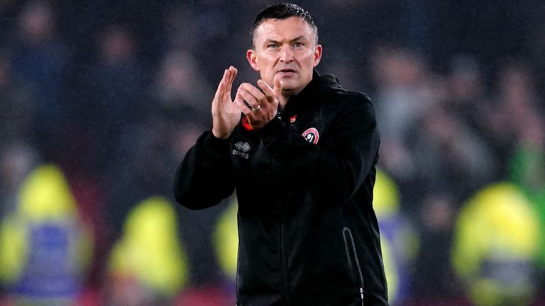 Sheffield United manager Paul Heckingbottom applauds the fans at the end of the Premier League match at Bramall Lane, Sheffield. Picture date: Saturday November 4, 2023.