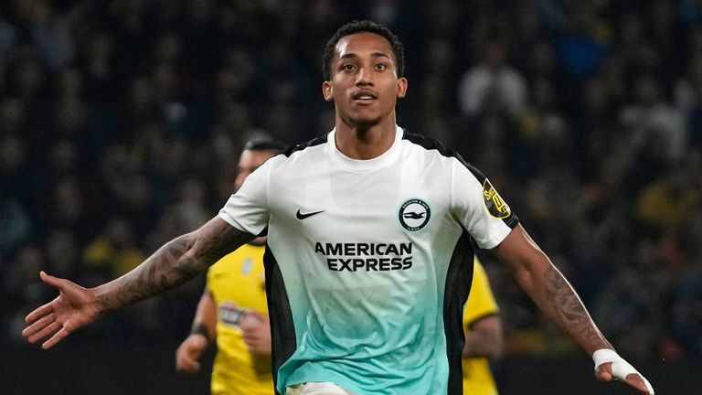 Brighton's Joao Pedro celebrates after scoring his side's opening goal in Athens