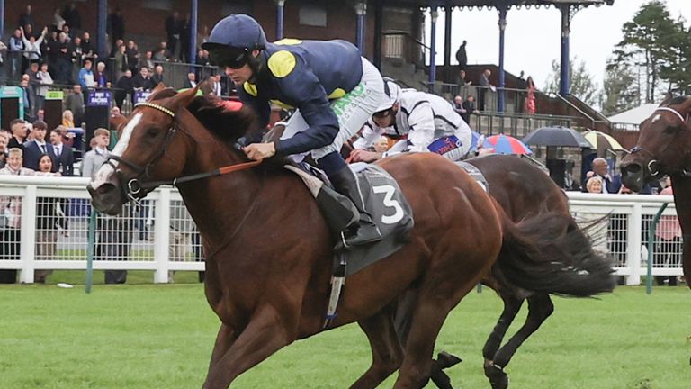 Pink Crystal ridden by jockey Jason Hart on their way to winning the Arran Scottish Sprint EBF Fillies' Stakes during day two of the Virgin Bet Ayr Gold Cup Festival at Ayr 