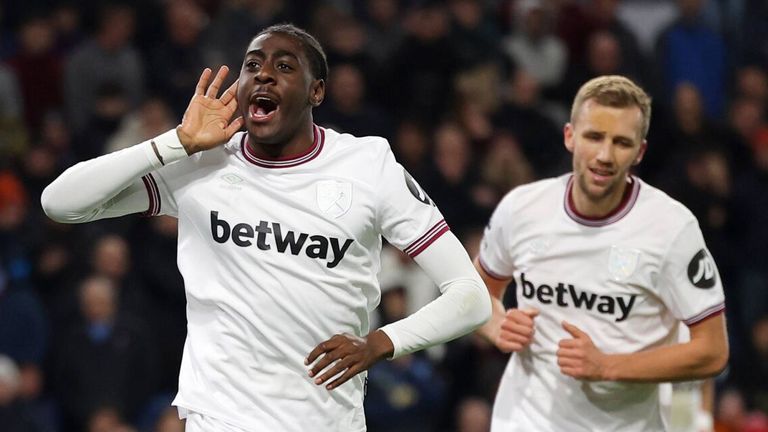 Divin Mubama celebrates after coming off the bench to equalise for West Ham at Burnley