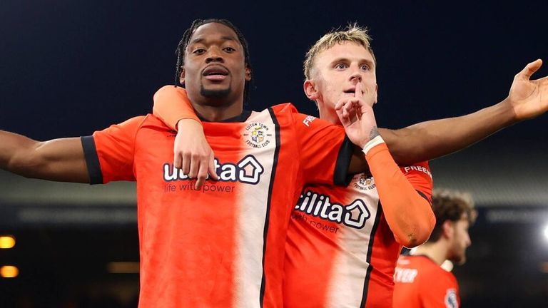 Teden Mengi celebrates after giving Luton the lead against Crystal Palace