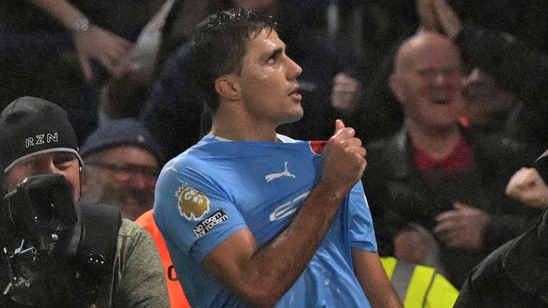 Rodri celebrates after his late deflected strike restores Manchester City&#39;s lead at Chelsea