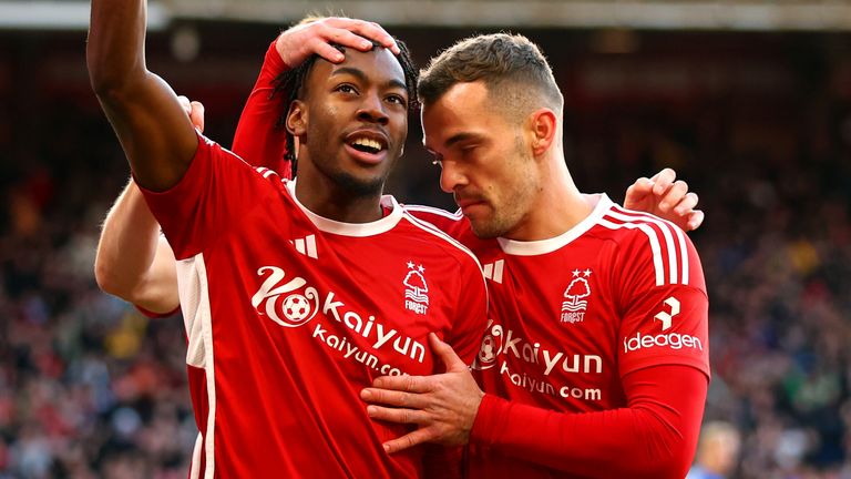 Anthony Elanga celebrates with Harry Toffolo after giving Nottingham Forest an early lead against Brighton