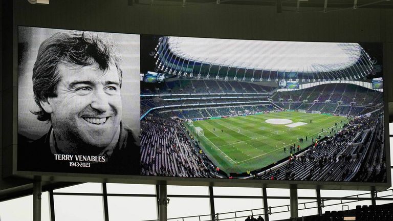 A picture of former England player and coach Terry Venables is shown on the video screen at Tottenham Stadium
