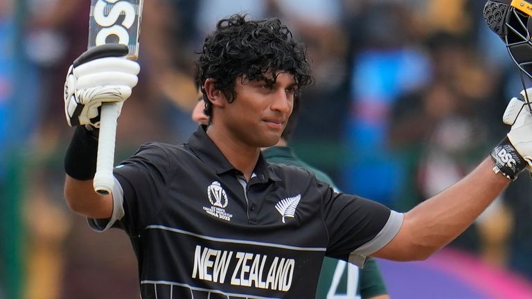 New Zealand's Rachin Ravindra celebrates his century during the ICC Men's Cricket World Cup match between New Zealand and Pakistan in Bengaluru, India, Saturday, Nov. 4, 2023. (AP Photo/Aijaz Rahi)