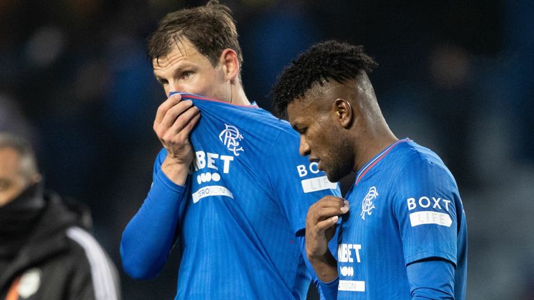 GLASGOW, SCOTLAND - NOVEMBER 30: Rangers' Borna Barisic and Jose Cifuentes at full time during a UEFA Europa League group stage match between Rangers and Aris Limassol at Ibrox Stadium, on November 30, 2023, in Glasgow, Scotland. (Photo by Alan Harvey / SNS Group)