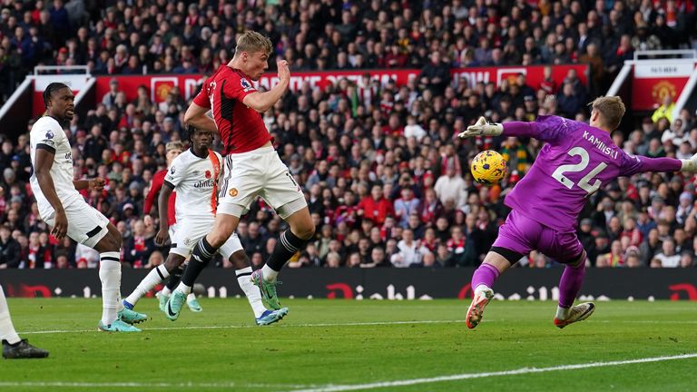 Rasmus Hojlund is denied at close range early on in Manchester United's game against Luton