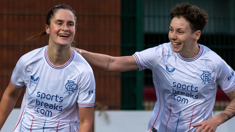 Rio Hardy (left) celebrates after scoring her second for Rangers. Credit: Colin Poultney/SWPL