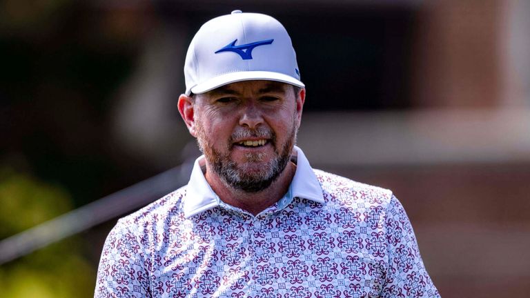 August 4, 2022: Robert Garrigus putts for birdie on the 9th green at the 2022 Wyndham Championship at Sedgefield Country Club in Greensboro, NC. Scott Kinser/CSM (Credit Image: .. Scott Kinser/CSM via ZUMA Press Wire) (Cal Sport Media via AP Images)