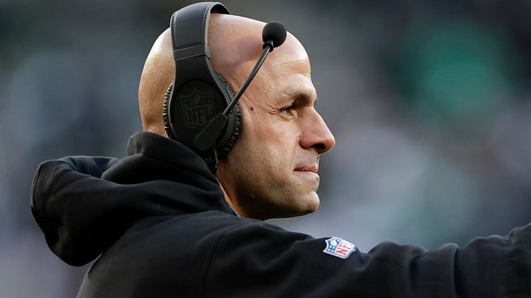 New York Jets head coach Robert Saleh motions during the first half of an NFL football game against the Miami Dolphins, Friday, Nov. 24, 2023, in East Rutherford, N.J. (AP Photo/Adam Hunger)