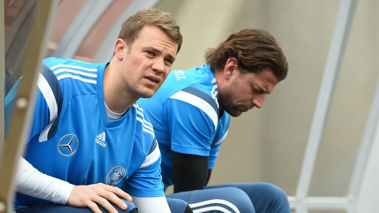 Goalkeepers Manuel Neuer and Roman Weidenfeller in the dugout for Germany in 2015