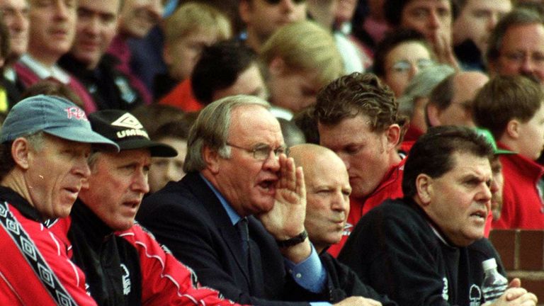  Despair for manager Ron Atkinson (centre, glasses) as he watches Nottingham Forest facing relegation after losing 2-0 to Aston Villa during their FA Carling Premiership match at Villa Park.