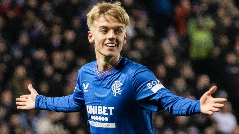 GLASGOW, SCOTLAND - NOVEMBER 30: Rangers' Ross McCausland celebrates after making it 1-1 during a UEFA Europa League group stage match between Rangers and Aris Limassol at Ibrox Stadium, on November 30, 2023, in Glasgow, Scotland. (Photo by Alan Harvey / SNS Group)