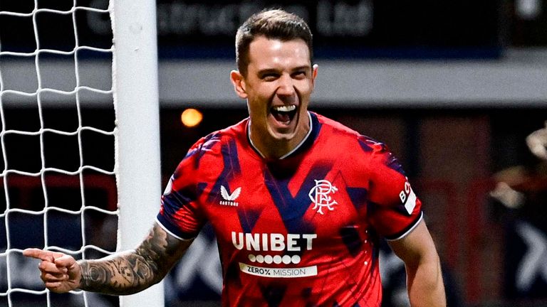 DUNDEE, SCOTLAND - NOVEMBER 01: Rangers' Ryan Jack celebrates after scoring to make it 1-0 during a cinch Premiership match between Dundee FC and Rangers at The Scot Foam Stadium at Dens Park, on November 01, 2023, in Dundee, Scotland. (Photo by Rob Casey / SNS Group)