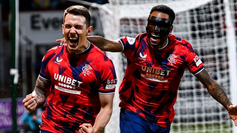 DUNDEE, SCOTLAND - NOVEMBER 01: Rangers&#39; Ryan Jack celebrates with Danilo after scoring to make it 1-0 during a cinch Premiership match between Dundee FC and Rangers at The Scot Foam Stadium at Dens Park, on November 01, 2023, in Dundee, Scotland.  (Photo by Rob Casey / SNS Group)