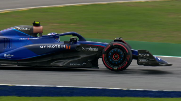 Logan Sargeant struggles to keep his Williams on all four wheels during practice at the Sao Paulo GP