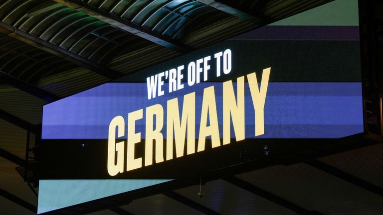 GLASGOW, SCOTLAND - NOVEMBER 19: The scoreboard message at full time displays &#39;We&#39;re off to Germany&#39; as Scotland qualify for Euro 2024 during a UEFA Euro 2024 Qualifier between Scotland and Norway at Hampden Park, on November 19, 2023, in Glasgow, Scotland. (Photo by Craig Foy / SNS Group)