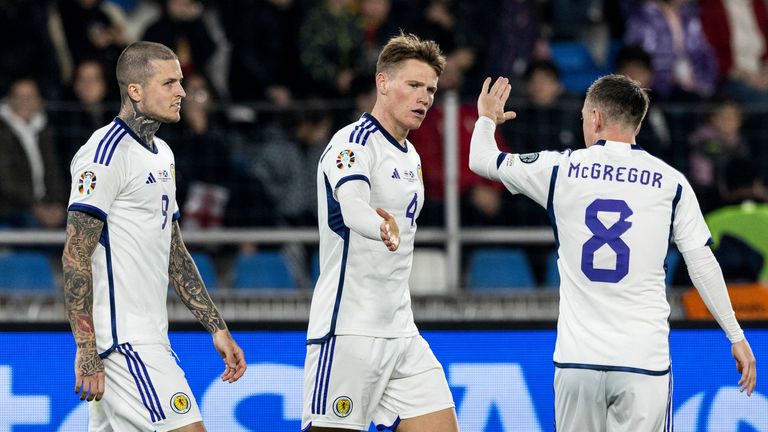 TBILISI, GEORGIA - NOVEMBER 16: Scotland's Scott McTominay celebrates with Callum McGregor after scoring to make it 1-1 during a UEFA Euro 2024 Qualifier between Georgia and Scotland at the Boris Paichadze Dinamo Arena, on November 16, 2023, in Tbilisi, Georgia. (Photo by Craig Williamson / SNS Group)