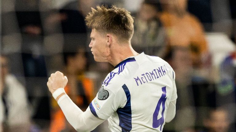 TBILISI, GEORGIA - NOVEMBER 16: Scotland's Scott McTominay celebrates after scoring to make it 1-1 during a UEFA Euro 2024 Qualifier between Georgia and Scotland at the Boris Paichadze Dinamo Arena, on November 16, 2023, in Tbilisi, Georgia. (Photo by Craig Williamson / SNS Group)