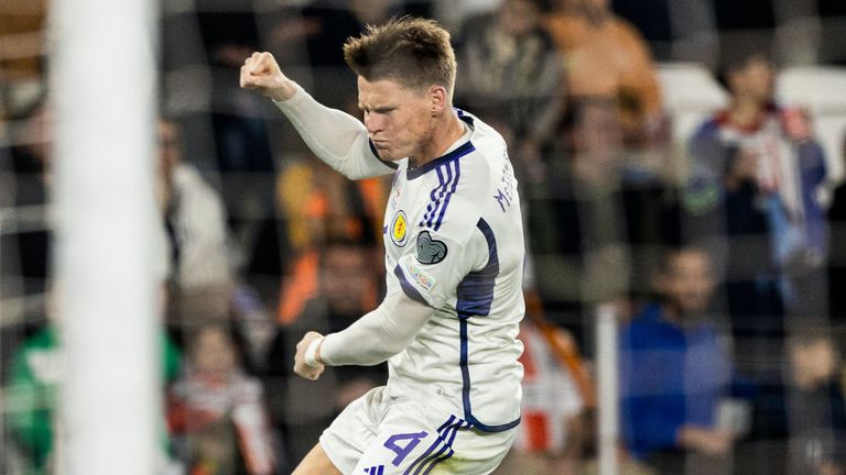 TBILISI, GEORGIA - NOVEMBER 16: Scotland's Scott McTominay celebrates after scoring to make it 1-1 during a UEFA Euro 2024 Qualifier between Georgia and Scotland at the Boris Paichadze Dinamo Arena, on November 16, 2023, in Tbilisi, Georgia. (Photo by Craig Williamson / SNS Group)