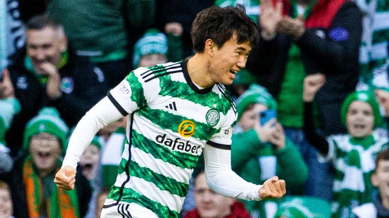Hyun-Jun Yang celebrates after sending Celtic in front against Aberdeen
