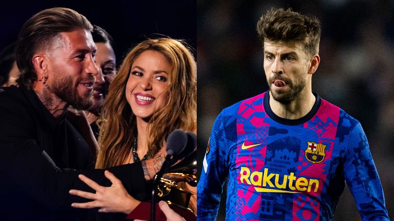 Shakira receives her Latin Grammy from Sergio Ramos (left) for the track that mocked Gerard Pique (right)