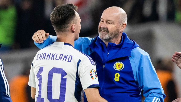 TBILISI, GEORGIA - NOVEMBER 16: Scotland Manager Steve Clarke celebrates with Lawrence Shankland at full time during a UEFA Euro 2024 Qualifier between Georgia and Scotland at the Boris Paichadze Dinamo Arena, on November 16, 2023, in Tbilisi, Georgia. (Photo by Craig Williamson / SNS Group)