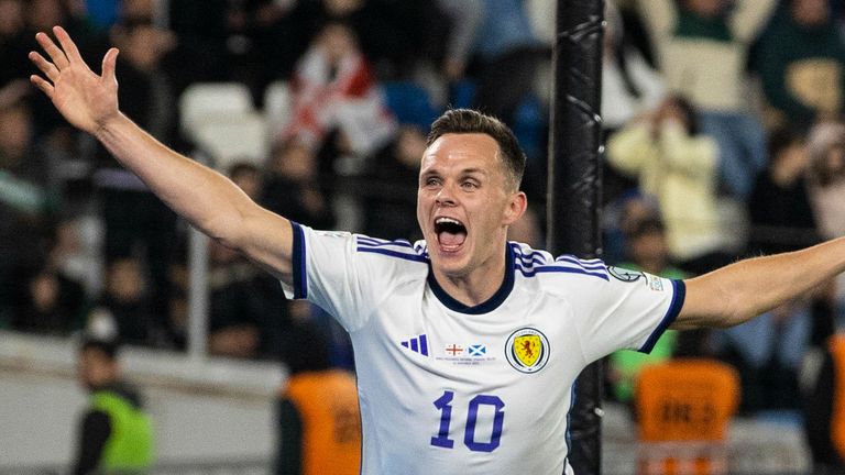 TBILISI, GEORGIA - NOVEMBER 16: Scotland&#39;s Lawrence Shankland celebrates after scoring to make it 2-2 during a UEFA Euro 2024 Qualifier between Georgia and Scotland at the Boris Paichadze Dinamo Arena, on November 16, 2023, in Tbilisi, Georgia. (Photo by Craig Williamson / SNS Group)