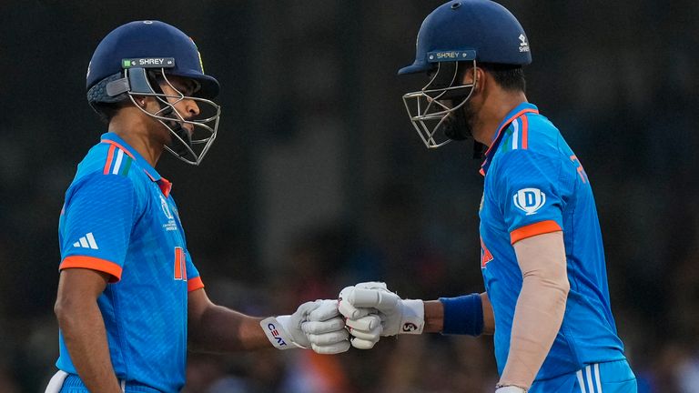 India's Shreyas Iyer and India's KL Rahul cheer each other during the ICC Men's Cricket World Cup match between India and Netherlands in Bengaluru, India, Sunday, Nov. 12, 2023. (AP Photo/Anupam Nath)