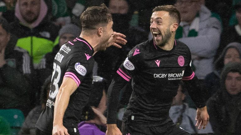 GLASGOW, SCOTLAND - NOVEMBER 01: St Mirren's Conor McMenamin celebrates with Ryan Strain after making it 1-0 during a cinch Premiership match between Celtic and St Mirren,on November 01, 2023, in Glasgow, Scotland. (Photo by Alan Harvey / SNS Group)