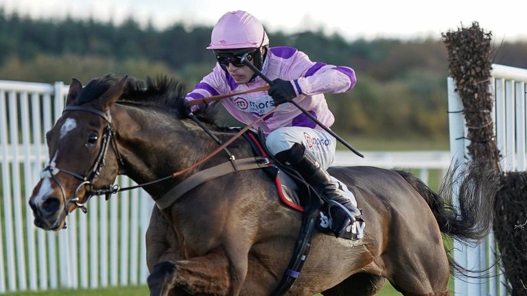 Harry Cobden riding Stay Away Fay clear the last to win The Betway &#39;Future Stars&#39; Silver Bowl Novices&#39; Chase at Exeter