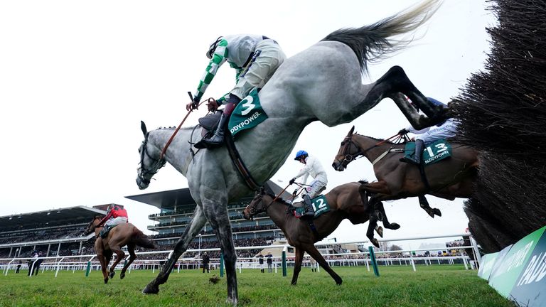 Stolen Silver ridden by Sam Twiston-Davies in action during The Paddy Power New Year&#39;s Day Handicap Chase at Cheltenham 