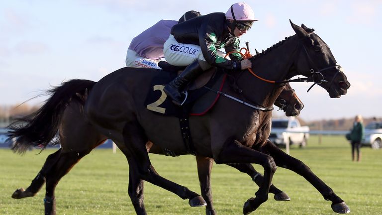 Strong Leader ridden by jockey Sean Bowen come home to win the Boylesports Best Odds Guaranteed Novices' Hurdle during Boylesports Becher Chase Day at Aintree