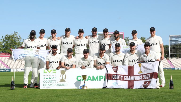 Hampshire v Surrey - LV= Insurance County Championship - Day Four - The Ageas Bowl
Surrey players pose with the division one trophy after day four of the LV= Insurance County Championship match at The Ageas Bowl, Southampton. Picture date: Friday September 29, 2023.