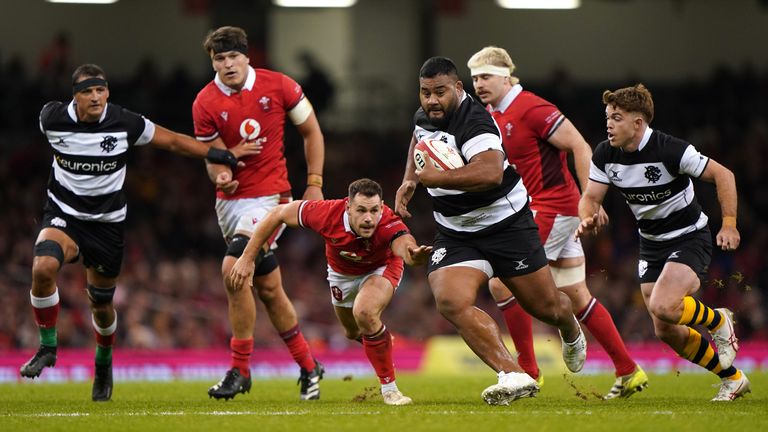 Barbarians' Taniela Tupou breaks through Wales defence at the Principality Stadium in Cardiff