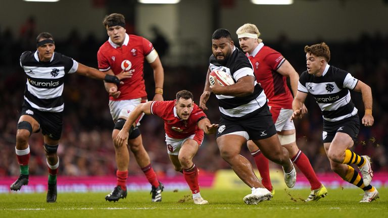 Barbarians' Taniela Tupou breaks through Wales defence at the Principality Stadium in Cardiff