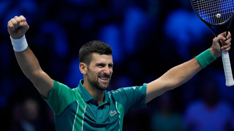 Serbia&#39;s Novak Djokovic celebrates after winning the singles final tennis match of the ATP World Tour Finals at the Pala Alpitour, in Turin, Italy, Sunday, Nov. 19, 2023. (AP Photo/Antonio Calanni)