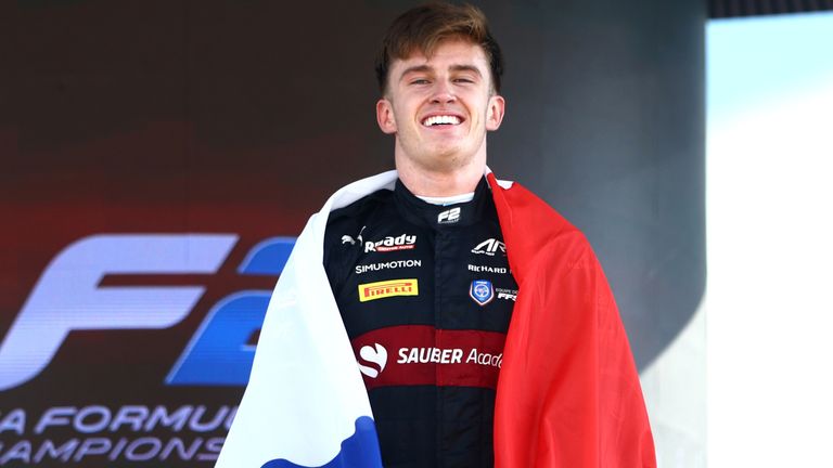 Theo Pourchaire celebrates winning the F2 title