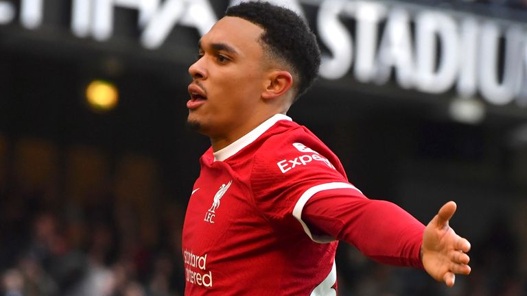 Liverpool's Trent Alexander-Arnold celebrates after scoring his side's goal