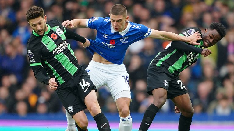 Mykolenko competes for possession for Everton