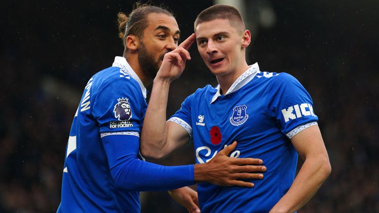 Everton's Vitaliy Mykolenko celebrates scoring their side's first goal of the game