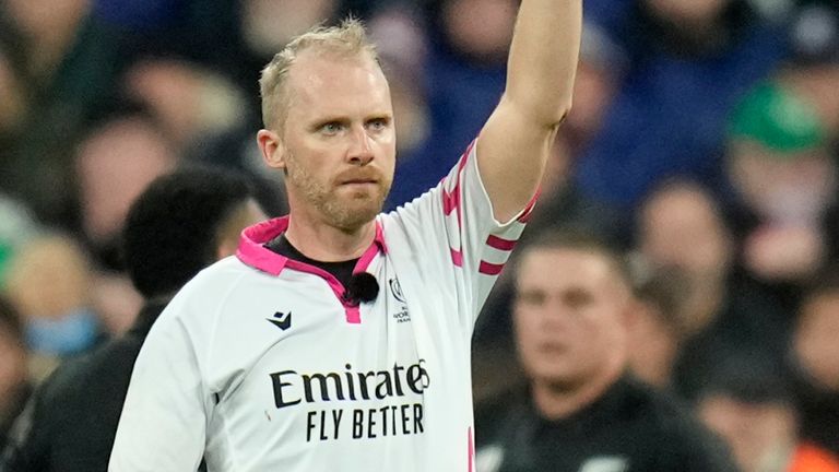 Referee Wayne Barnes red cards New Zealand captain Sam Cane in Rugby World Cup final against South Africa (Associated Press)