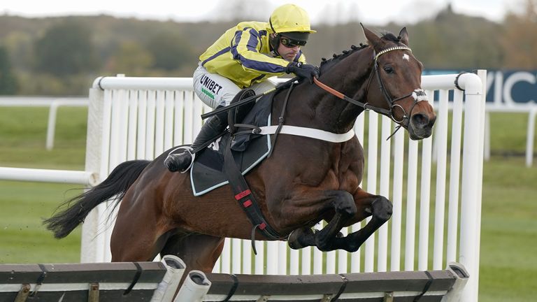Nico de Boinville riding Willmount clear the last to win The Agetur UK Novices' Hurdle at Newbury 