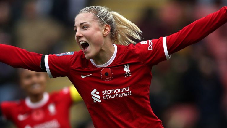 Sophie Roman celebrates after equalising for Liverpool against Spurs