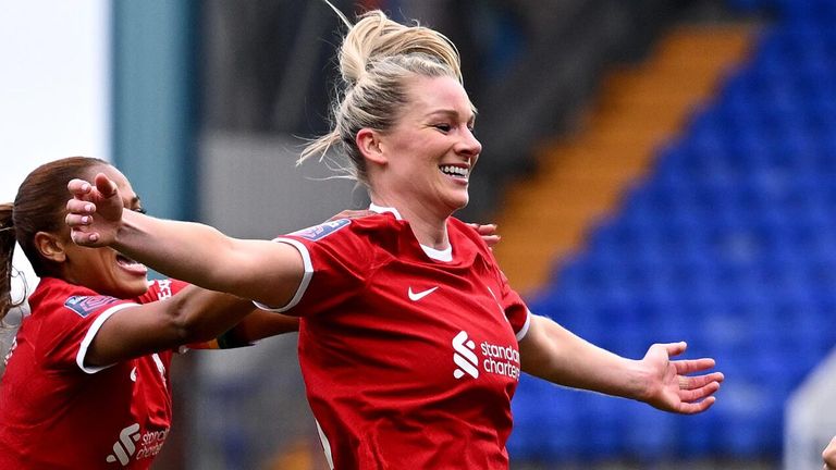 Gemma Bonner celebrates after giving Liverpool the lead against Brighton