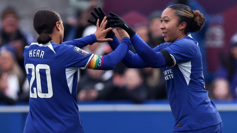 Goalscorers Sam Kerr and Lauren James celebrate during Chelsea&#39;s rout of Leicester